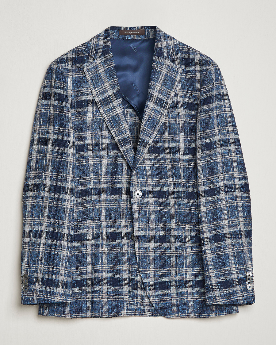 Hombres | Blazers | Oscar Jacobson | Ferry Soft Checked Linen Blazer Blue
