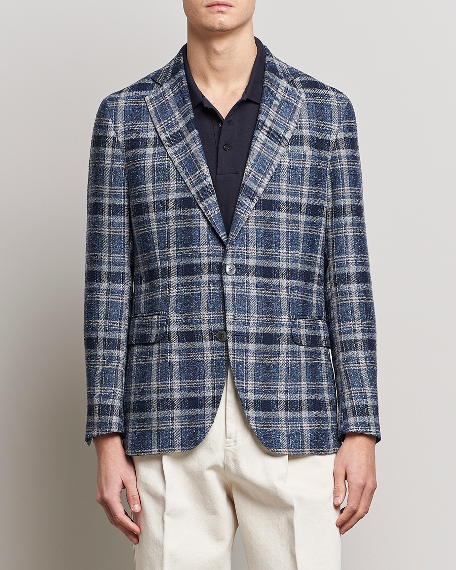 Hombres | Blazers | Oscar Jacobson | Ferry Soft Checked Linen Blazer Blue