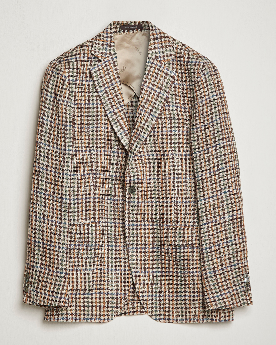 Hombres | Blazers | Oscar Jacobson | Ferry Checked Summer Tweed Linen/Silk Blazer Brown
