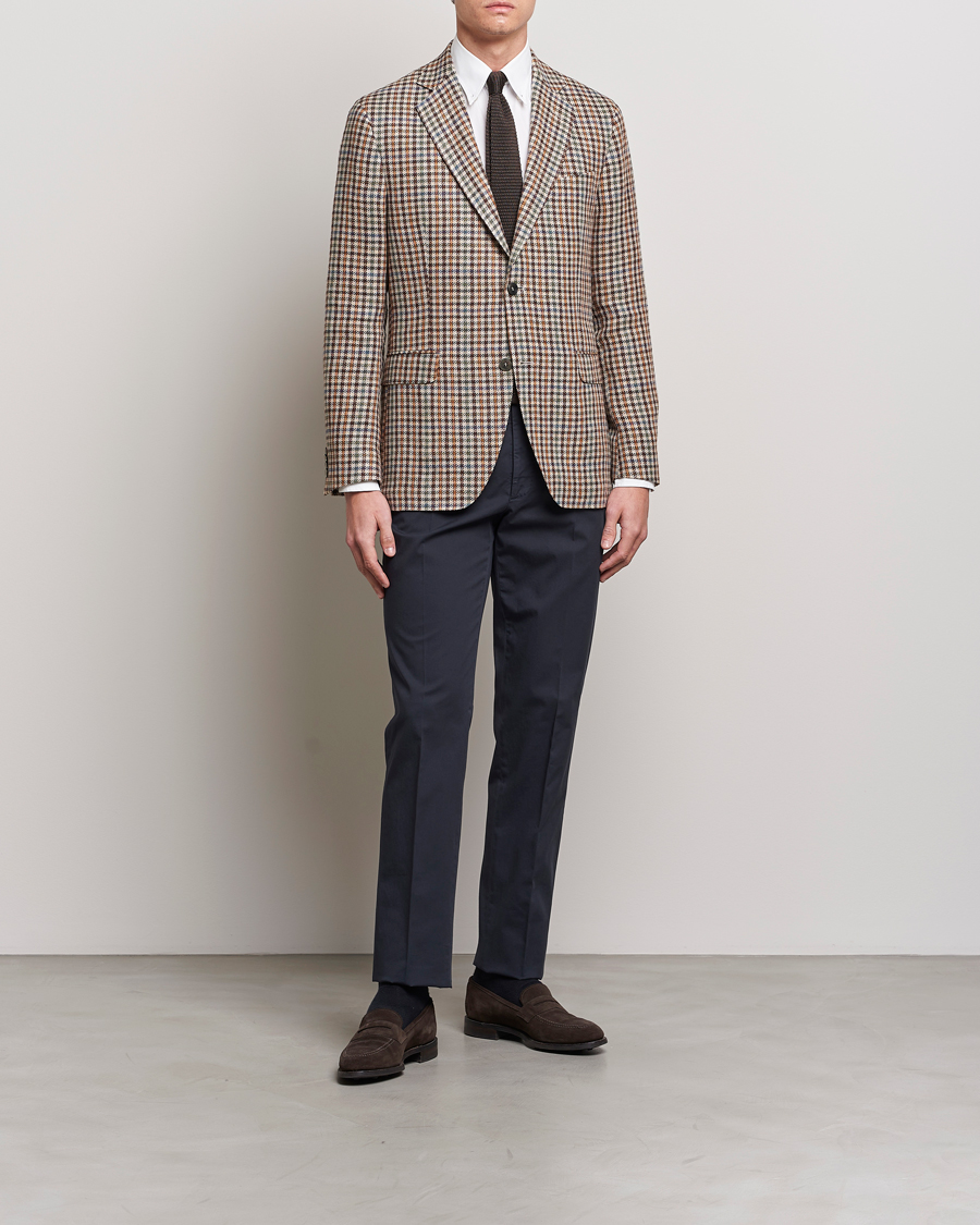 Hombres | Blazers | Oscar Jacobson | Ferry Checked Summer Tweed Linen/Silk Blazer Brown