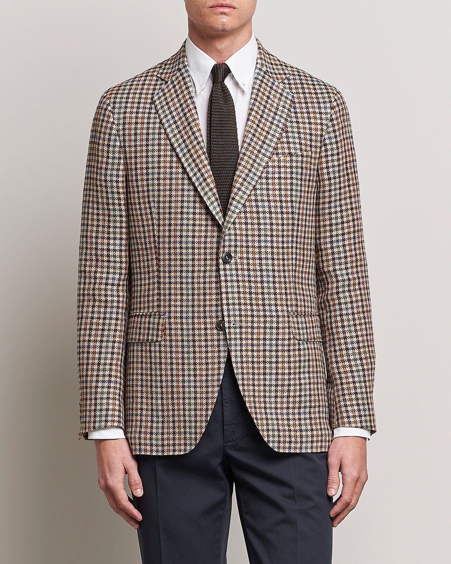 Hombres | Blazers | Oscar Jacobson | Ferry Checked Summer Tweed Linen/Silk Blazer Brown