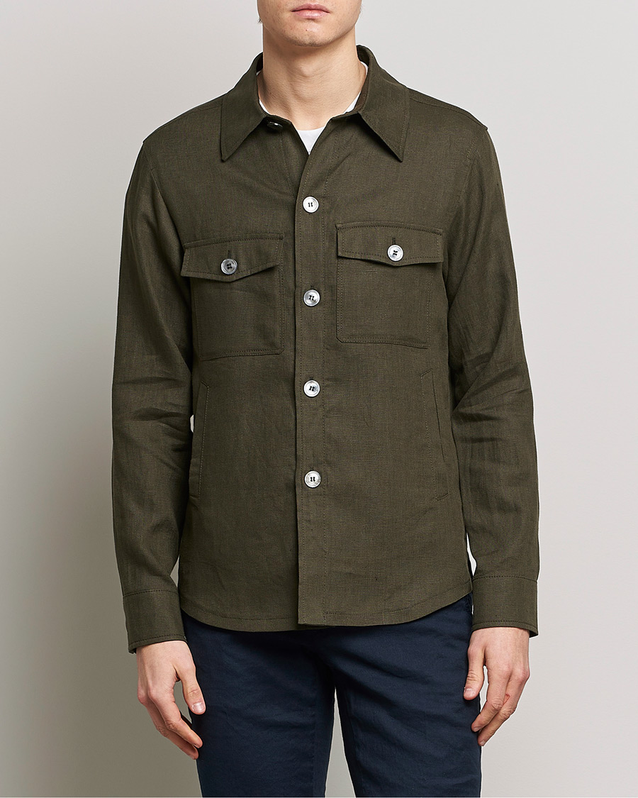 Hombres | Chaquetas tipo camisa | Oscar Jacobson | Maverick Linen Shirt Jacket Olive