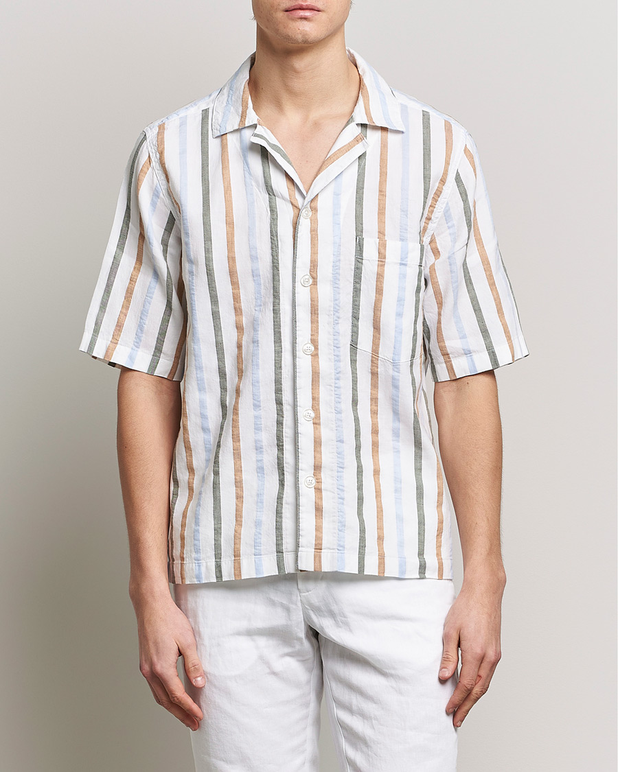 Hombres | Camisas | Oscar Jacobson | Cuban Short Sleeve Multi Stripe Shirt White