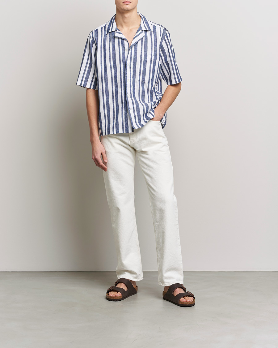 Hombres | Camisas | Oscar Jacobson | Cuban Short Sleeve Riviera Stripe Shirt White