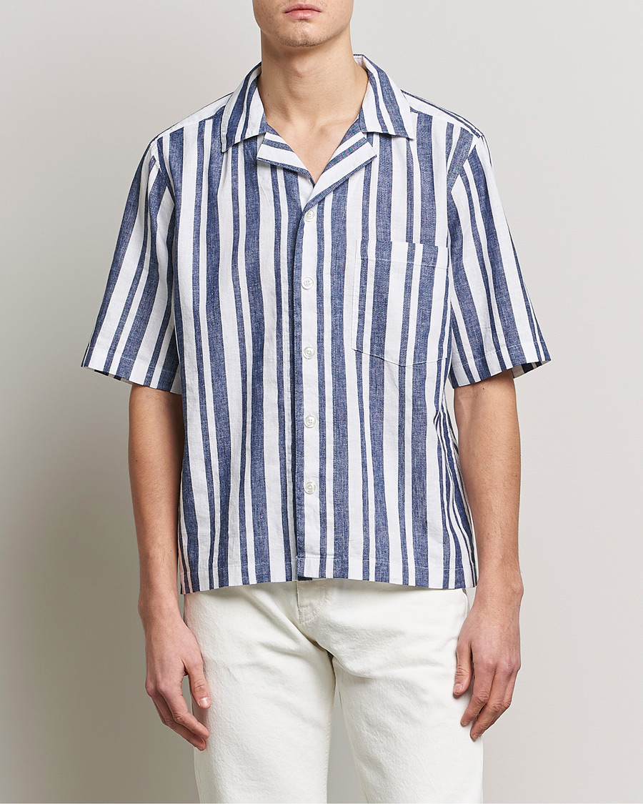 Hombres | Camisas | Oscar Jacobson | Cuban Short Sleeve Riviera Stripe Shirt White