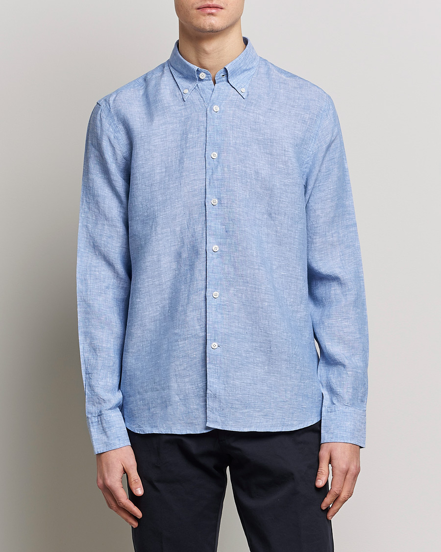Hombres | Camisas | Oscar Jacobson | Regular Fit Button Down Linen Shirt Blue