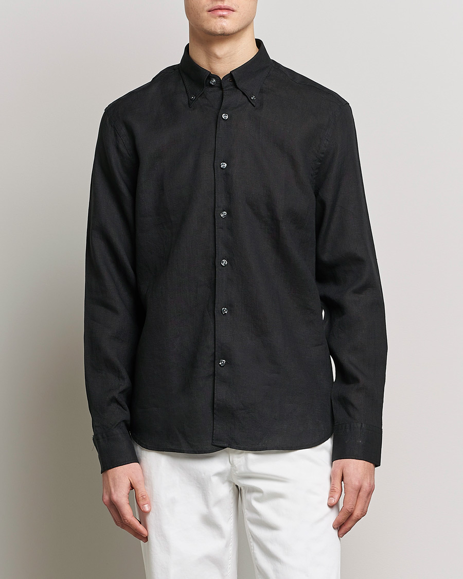 Hombres | Camisas de lino | Oscar Jacobson | Regular Fit Button Down Linen Shirt Black