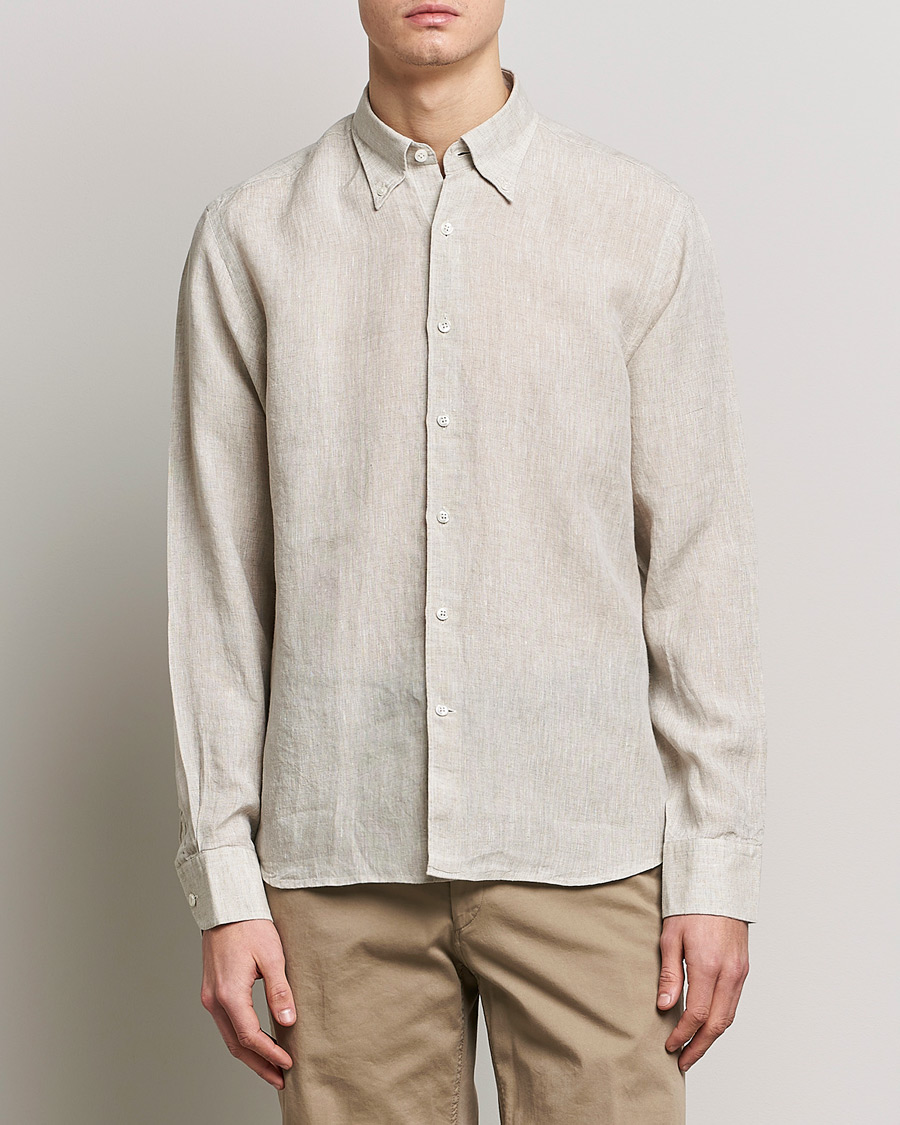 Hombres | Camisas de lino | Oscar Jacobson | Regular Fit Button Down Linen Shirt Beige