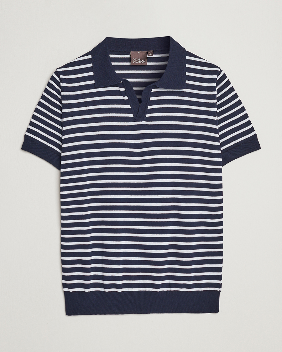 Hombres | Polos | Oscar Jacobson | Devon Short Sleeve Striped Cotton Polo White/Blue