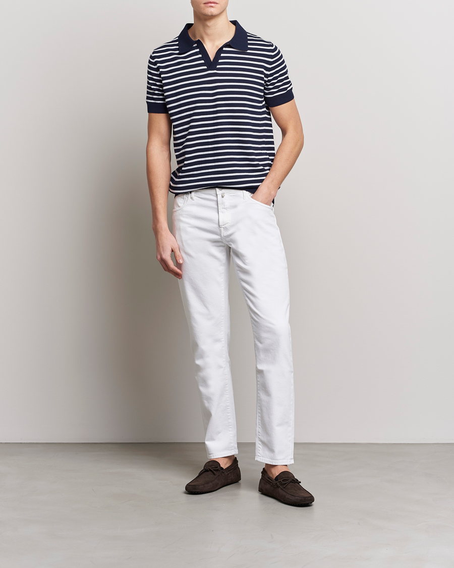 Hombres | Polos | Oscar Jacobson | Devon Short Sleeve Striped Cotton Polo White/Blue