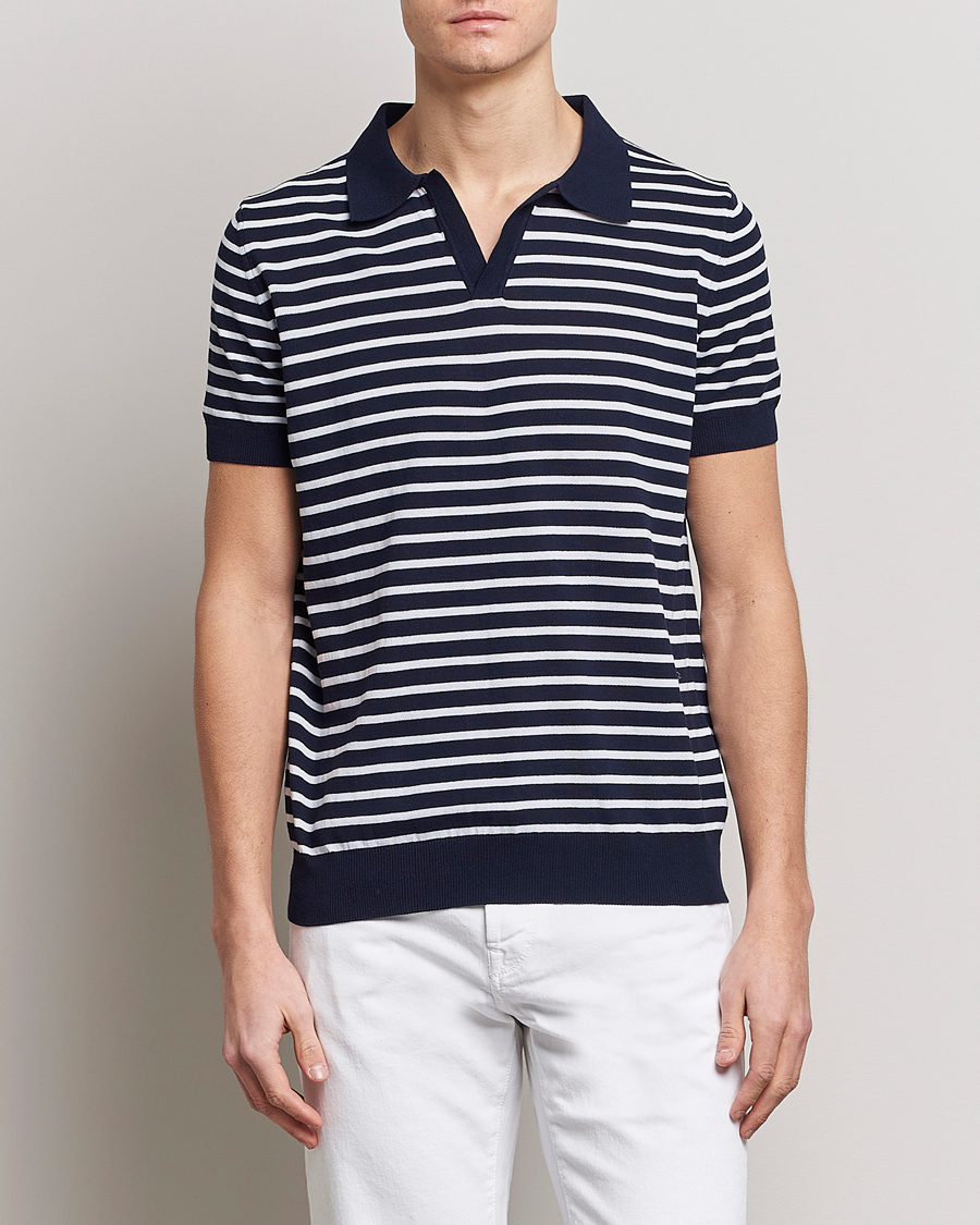 Hombres | Polos | Oscar Jacobson | Devon Short Sleeve Striped Cotton Polo White/Blue