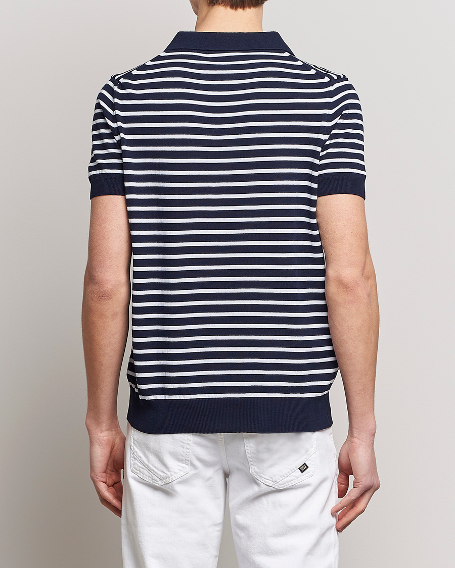 Hombres | Polos | Oscar Jacobson | Devon Short Sleeve Striped Cotton Polo White/Blue