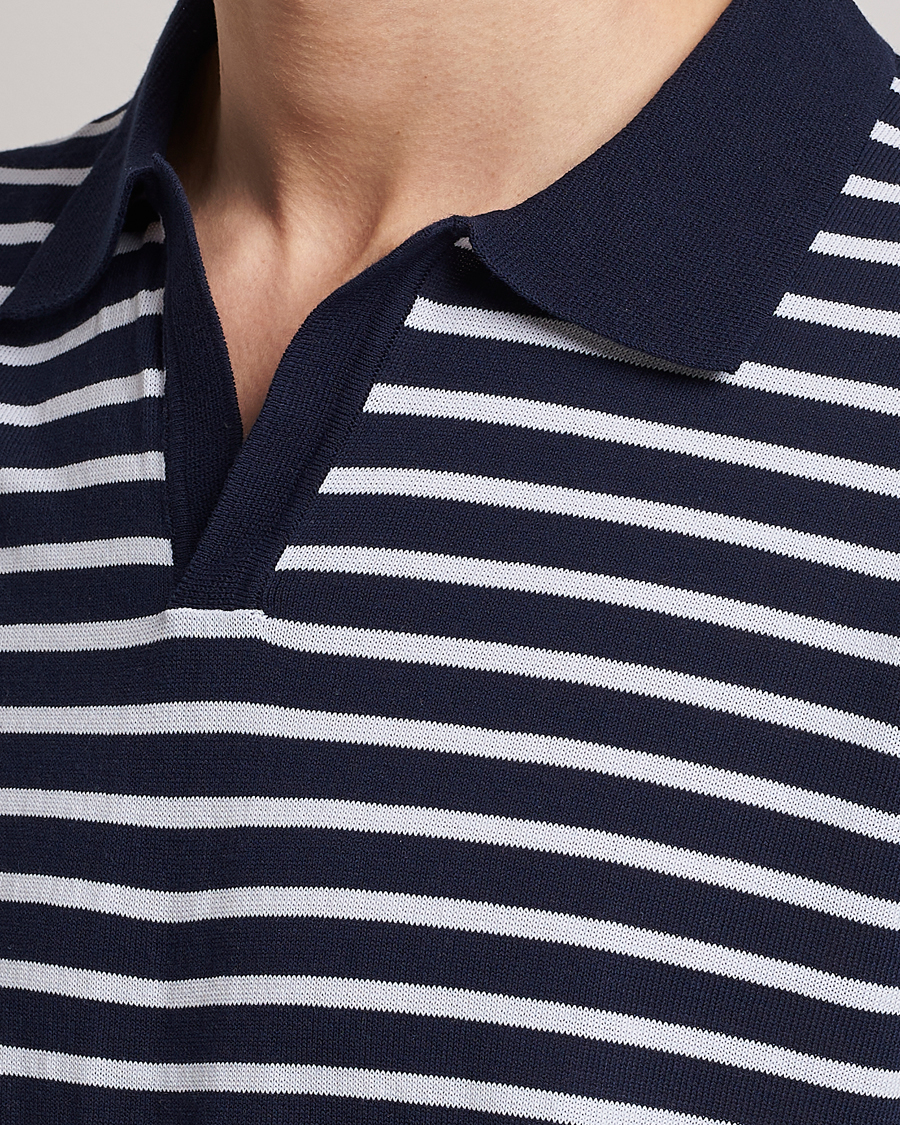 Hombres | Polos | Oscar Jacobson | Devon Short Sleeve Striped Cotton Polo White/Blue