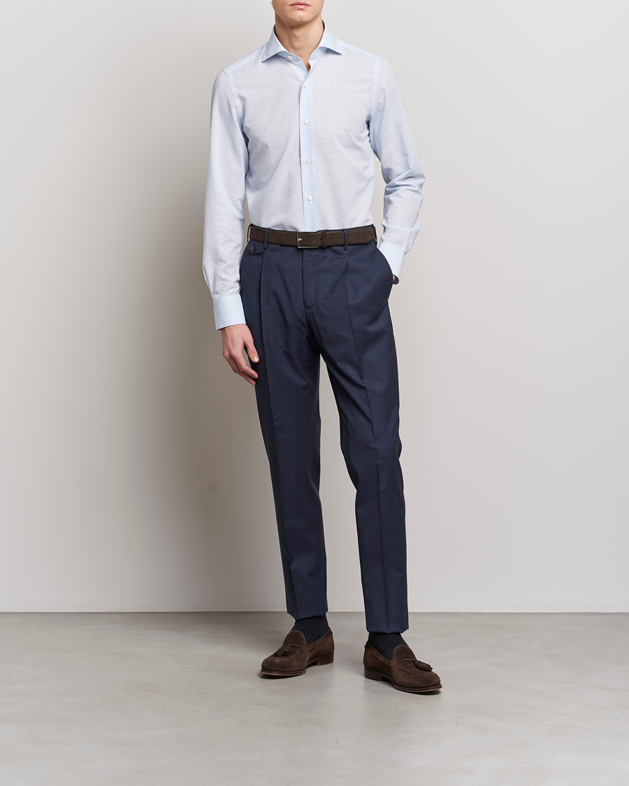 Hombres | Camisas | Finamore Napoli | Milano Slim Linen Dress Shirt Light Blue