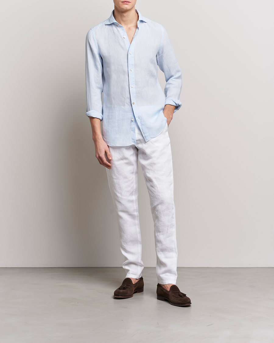 Hombres | Camisas | Finamore Napoli | Tokyo Slim Linen Shirt Light Blue