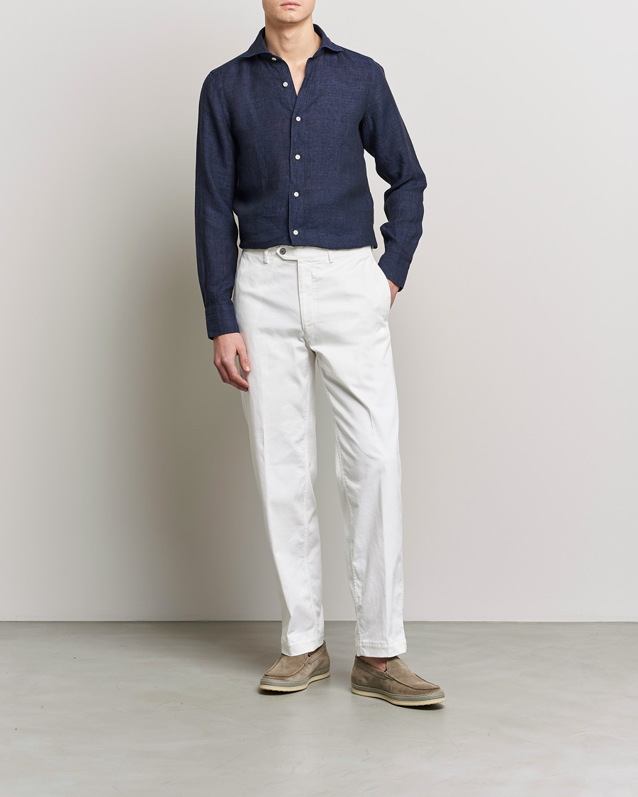 Hombres | Camisas | Finamore Napoli | Tokyo Slim Linen Shirt Navy