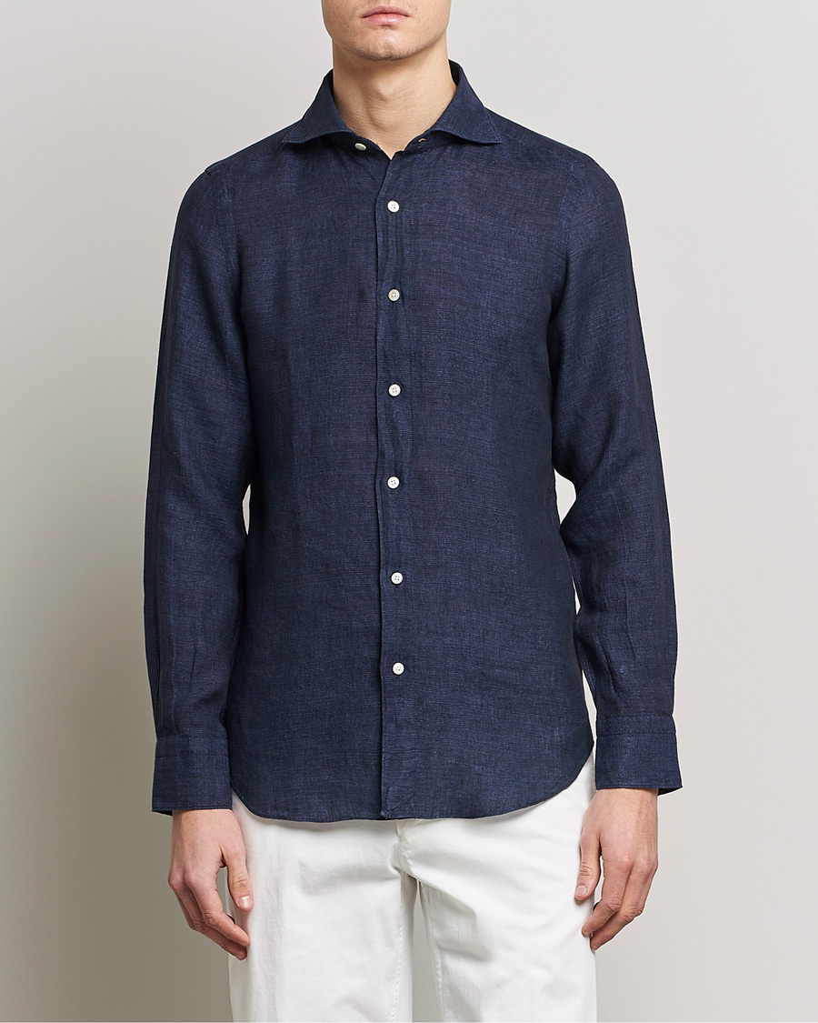 Hombres | Camisas | Finamore Napoli | Tokyo Slim Linen Shirt Navy
