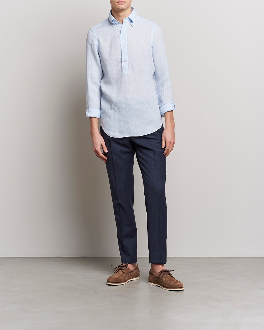 Hombres | Camisas | Finamore Napoli | Miami Linen Popover Shirt Light Blue