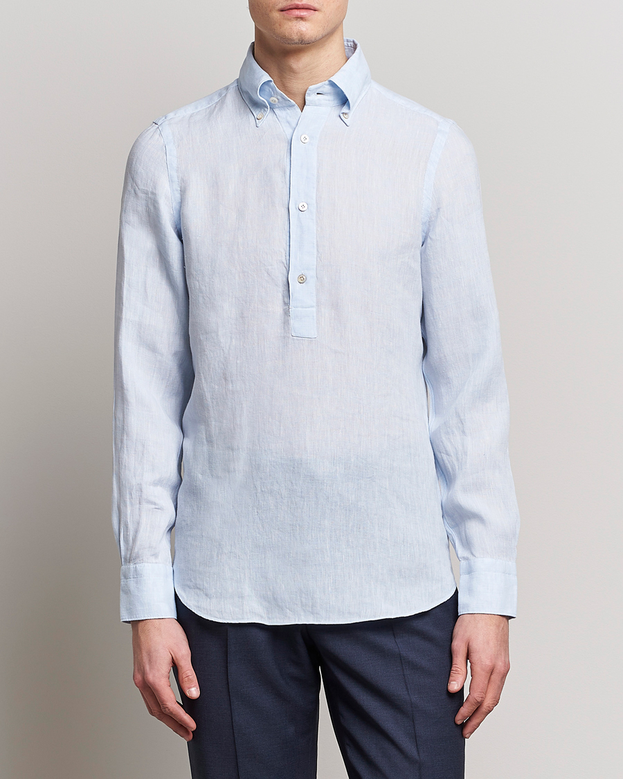 Hombres | Camisas | Finamore Napoli | Miami Linen Popover Shirt Light Blue