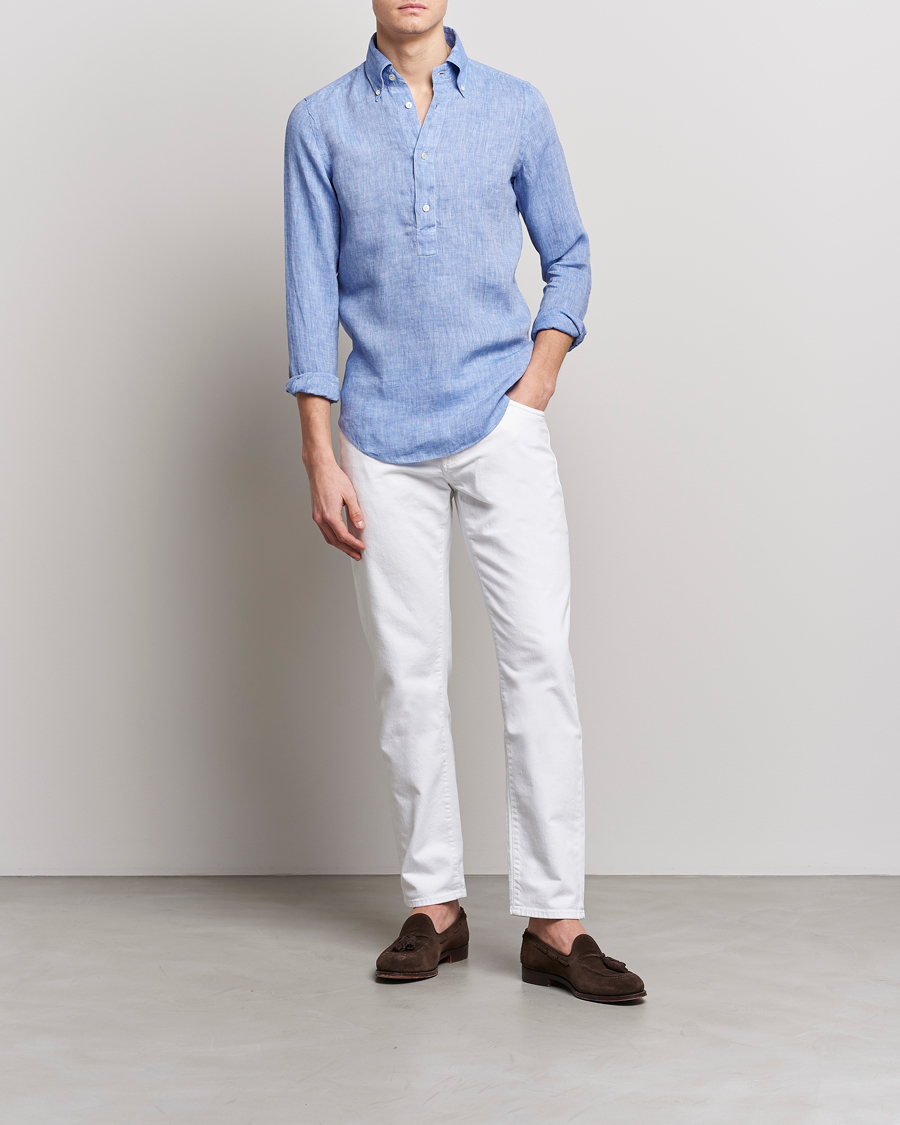 Hombres | Camisas | Finamore Napoli | Miami Linen Popover Shirt Dark Blue