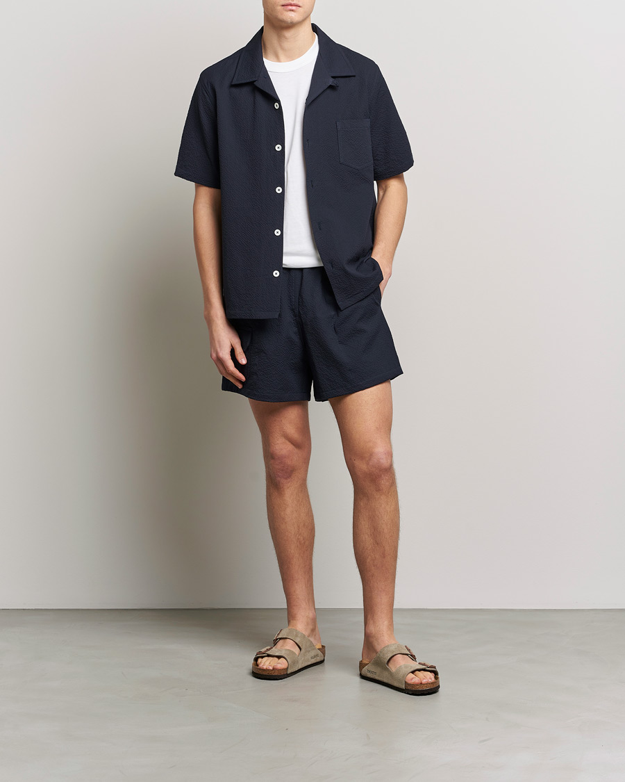 Hombres | Camisas | Howlin' | Short Sleeve Cotton Seersucker Shirt Navy