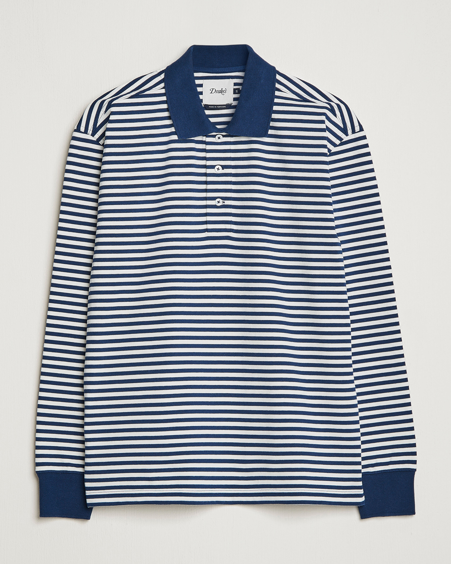 Hombres | Jerséis y prendas de punto | Drake's | Striped Long Sleeve Jersey Polo White/Navy