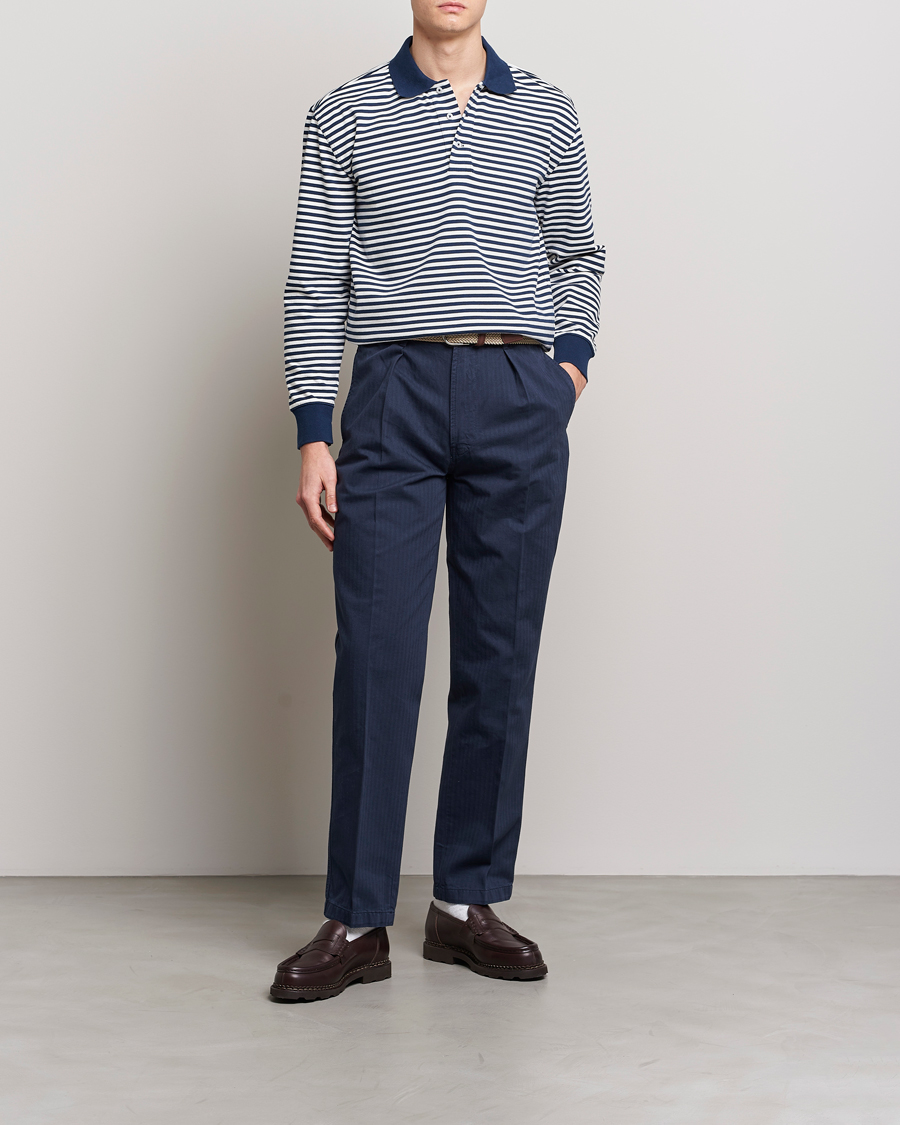 Hombres | Jerséis y prendas de punto | Drake's | Striped Long Sleeve Jersey Polo White/Navy