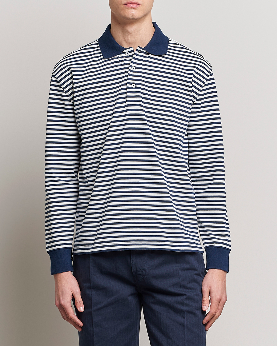 Hombres | Jerséis y prendas de punto | Drake's | Striped Long Sleeve Jersey Polo White/Navy