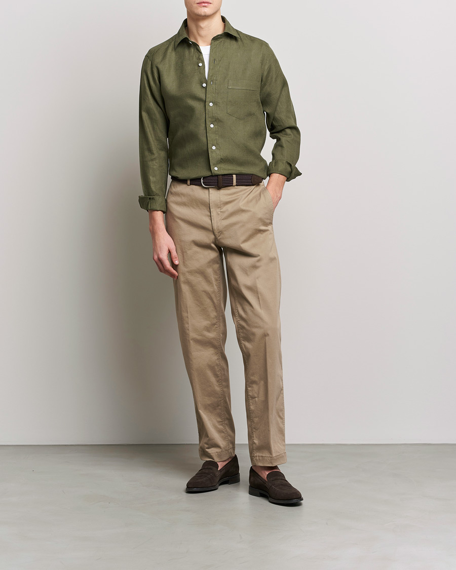 Hombres | Camisas | Drake's | Linen Summer Shirt Green