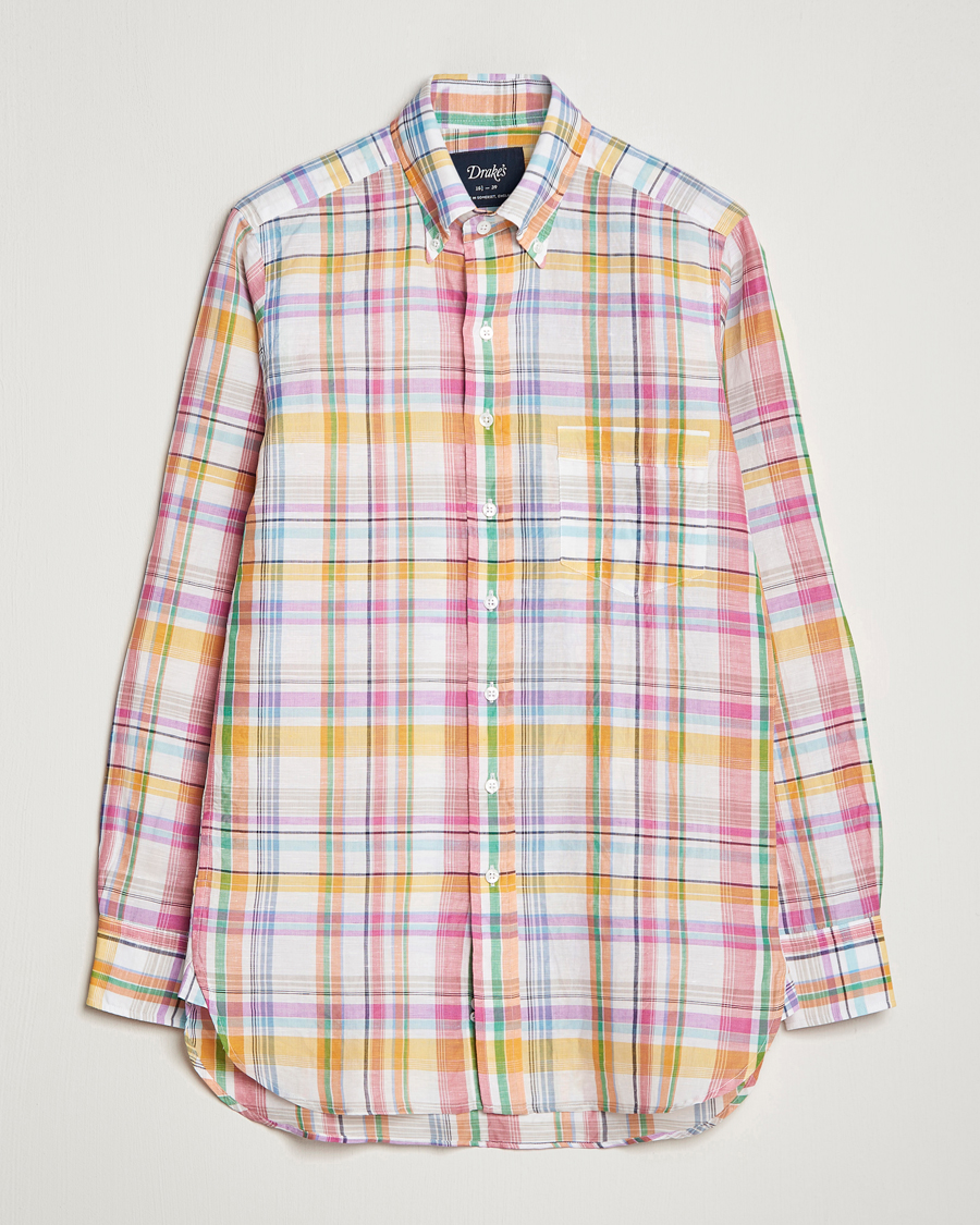 Hombres | Camisas | Drake's | Checked Button Down Linen Shirt Multi