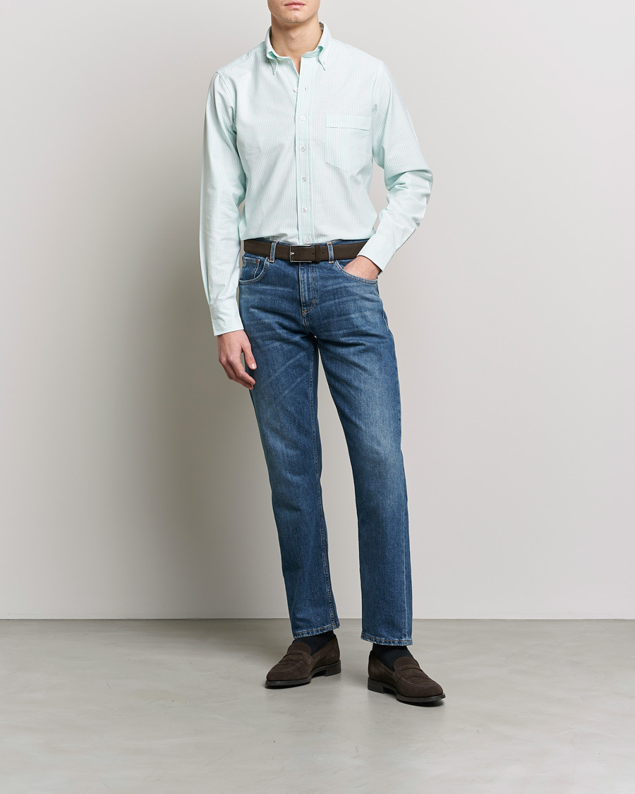 Hombres | Camisas | Drake's | Striped Button Down Oxford Shirt Green
