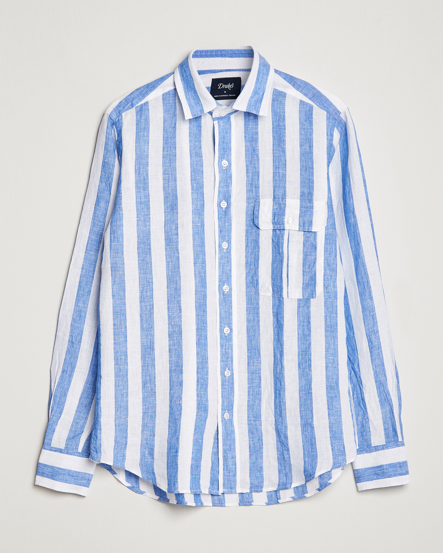 Hombres | Camisas | Drake's | Broad Stripe Linen Spread Collar Shirt Blue