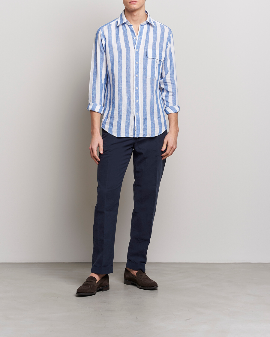 Hombres | Camisas | Drake's | Broad Stripe Linen Spread Collar Shirt Blue