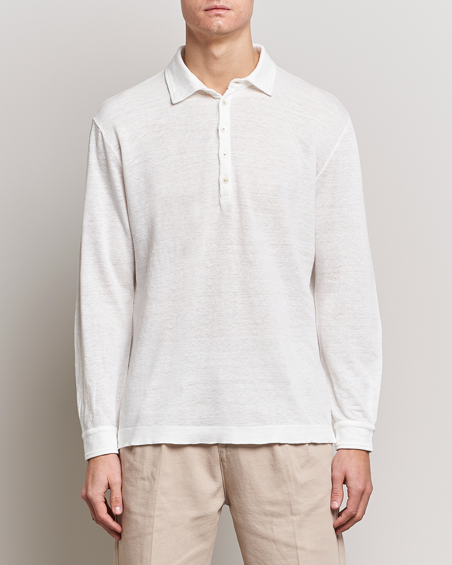 Hombres | Camisas polo de manga larga | Massimo Alba | Raya Long Sleeve Linen Polo White