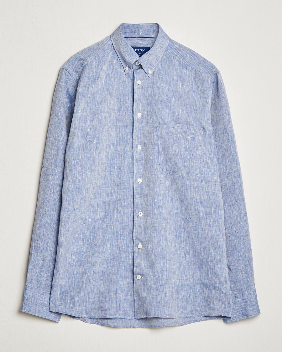Hombres | Camisas | Eton | Slim Fit Linen Shirt Mid Blue