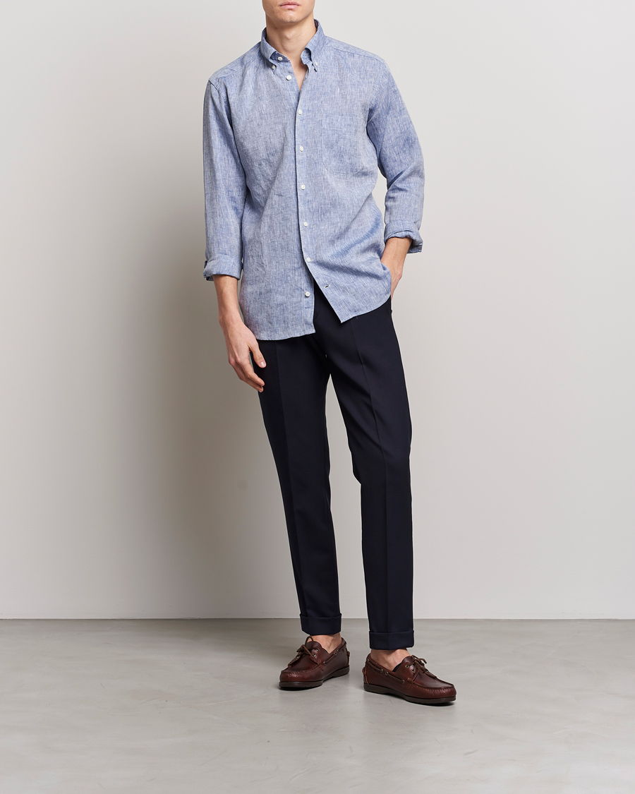 Hombres | Camisas | Eton | Slim Fit Linen Shirt Mid Blue