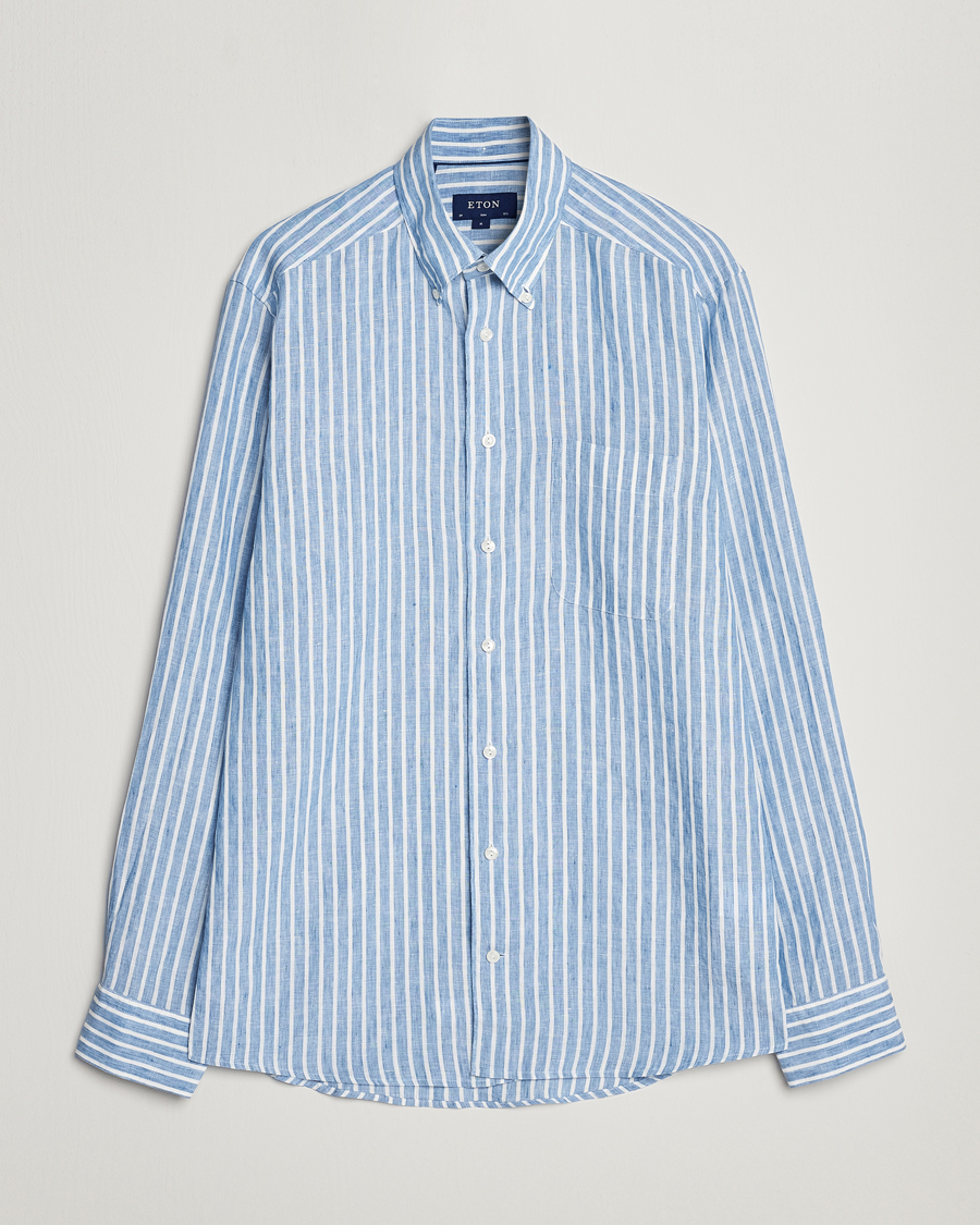 Hombres | Camisas | Eton | Slim Fit Striped Linen Shirt Mid Blue