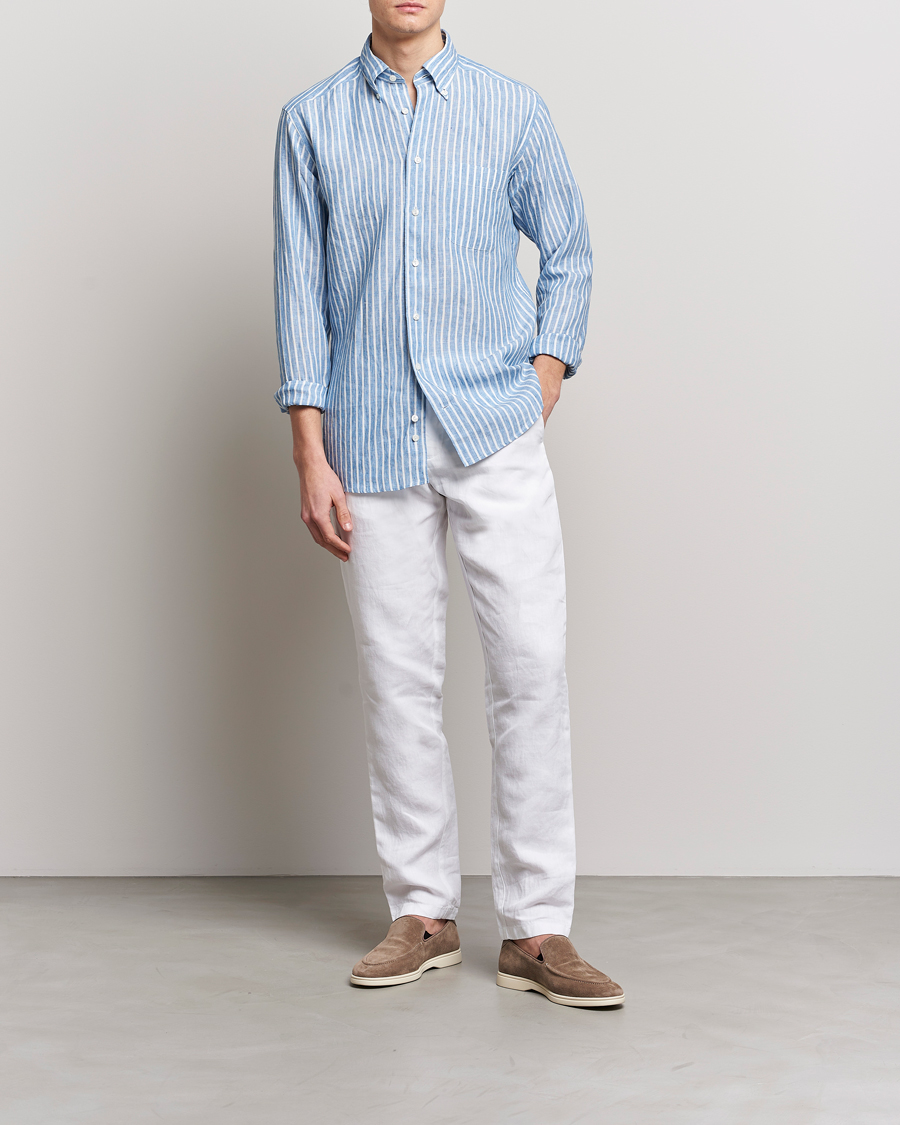 Hombres | Camisas | Eton | Slim Fit Striped Linen Shirt Mid Blue
