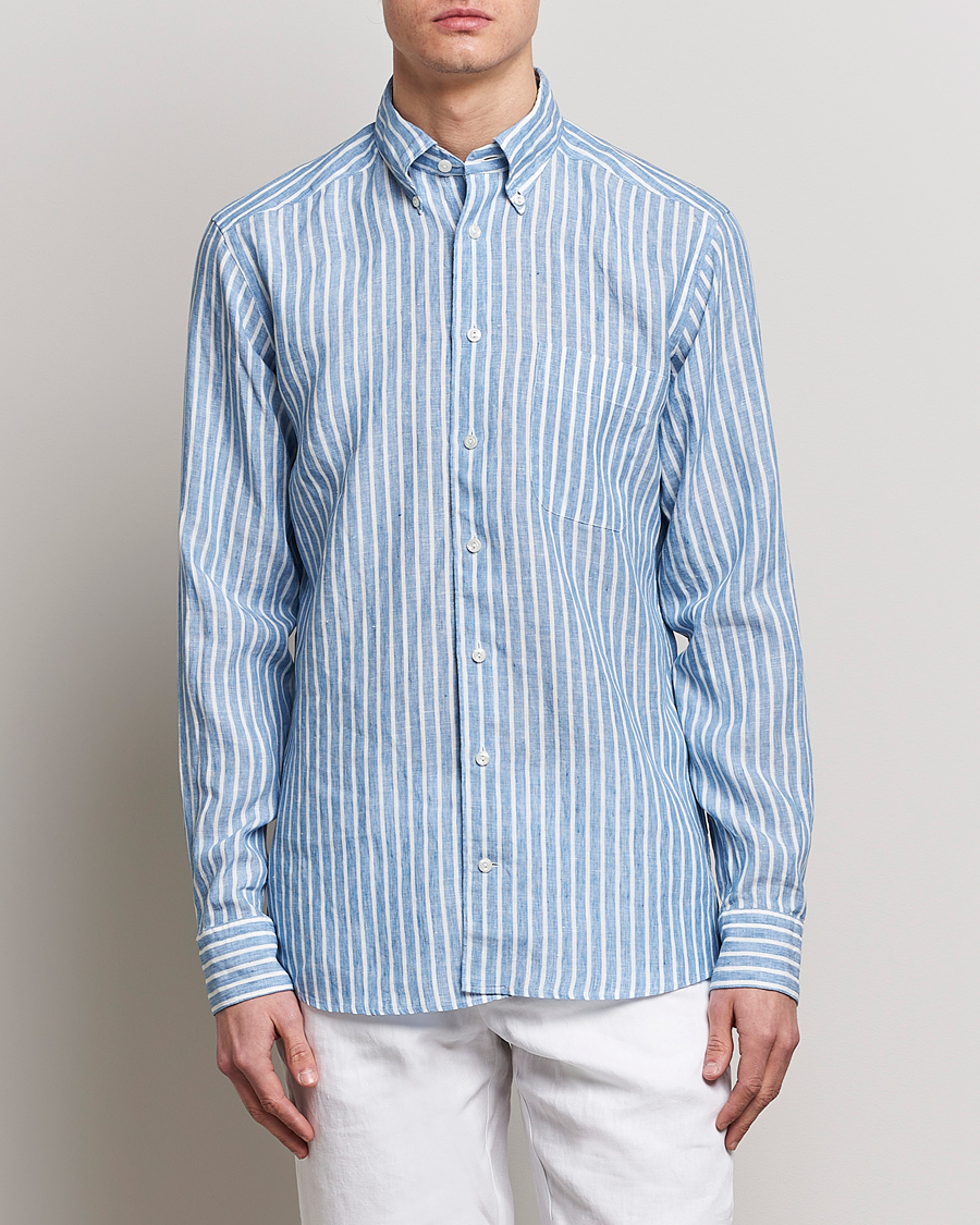 Hombres | Camisas | Eton | Slim Fit Striped Linen Shirt Mid Blue