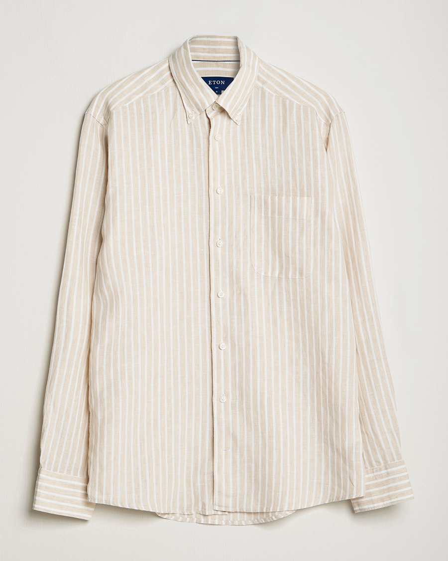 Hombres | Camisas | Eton | Slim Fit Striped Linen Shirt Brown