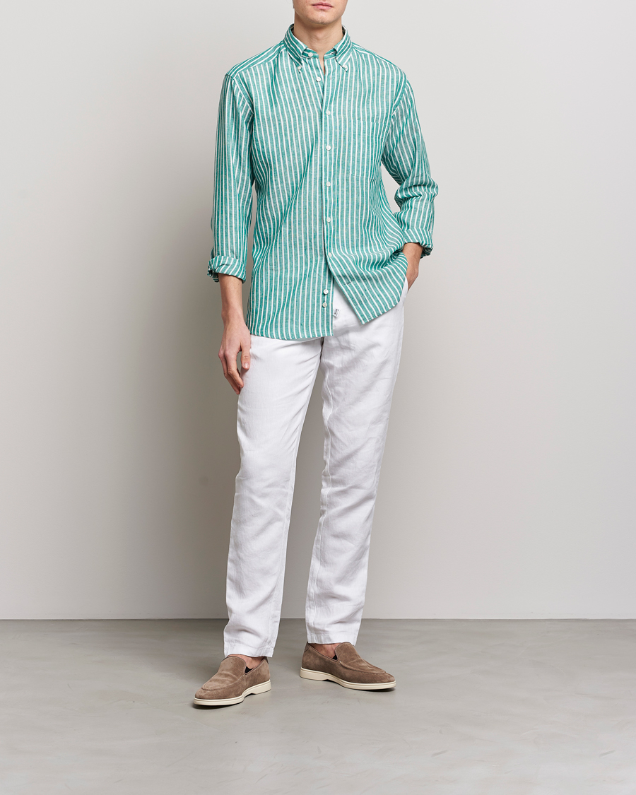 Hombres | Camisas | Eton | Slim Fit Striped Linen Shirt Green
