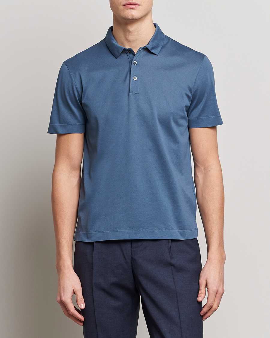 Hombres | Polos | Canali | Short Sleeve Polo Pique Steel Blue