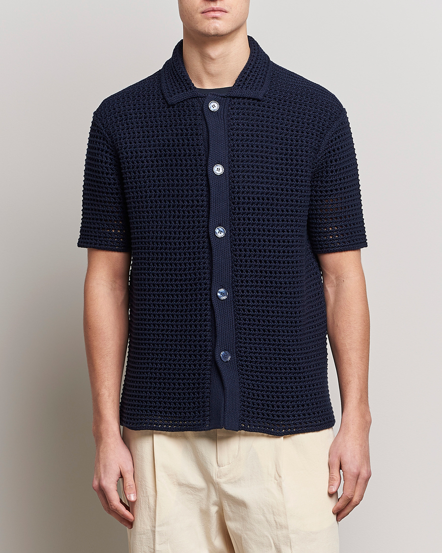 Hombres | Camisas | Orlebar Brown | Thomas Crochet Heavy Knitted Cotton Shirt Night Iris