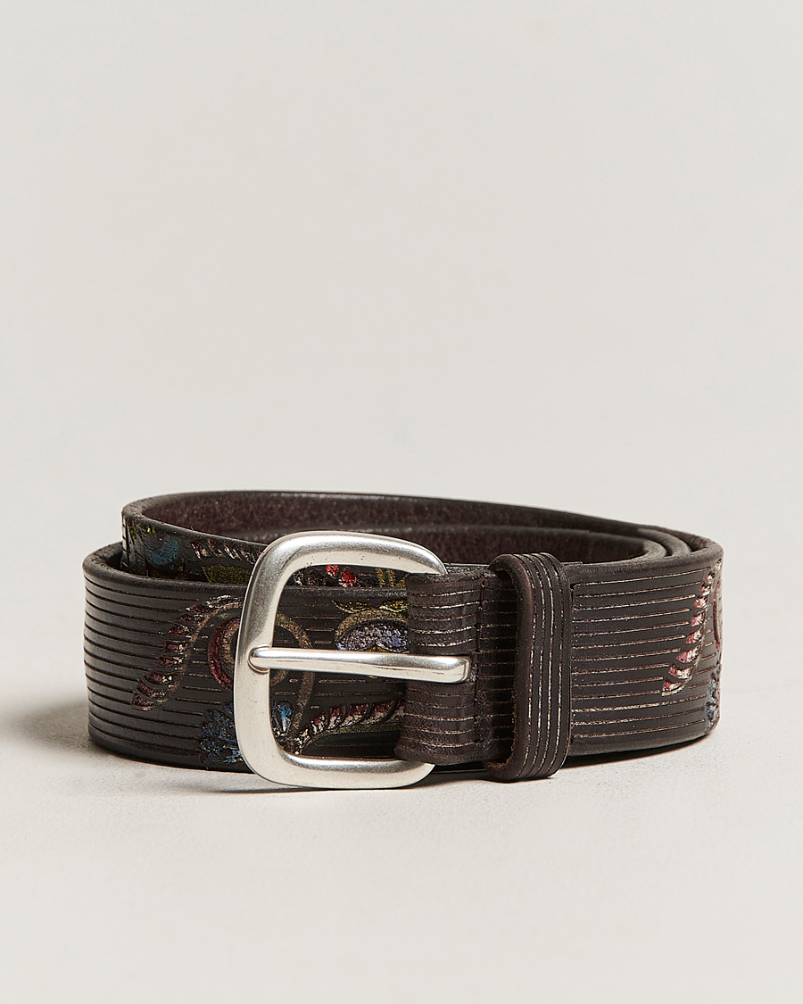 Hombres | Orciani Paisley Hand Painted Leather Belt Dark Brown | Orciani | Paisley Hand Painted Leather Belt Dark Brown