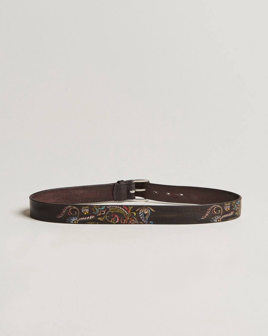 Hombres | Orciani Paisley Hand Painted Leather Belt Dark Brown | Orciani | Paisley Hand Painted Leather Belt Dark Brown
