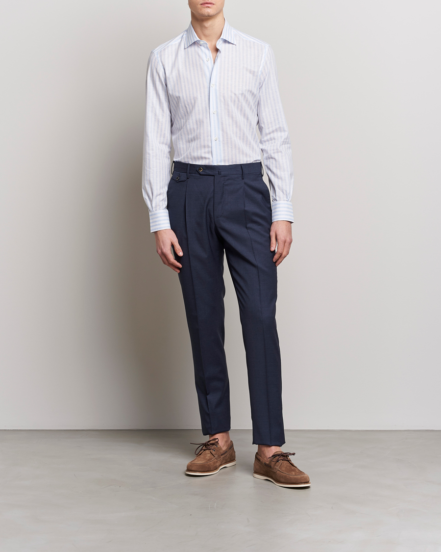 Hombres | Camisas | Mazzarelli | Soft Cotton/Linen Shirt Light Blue Stripe