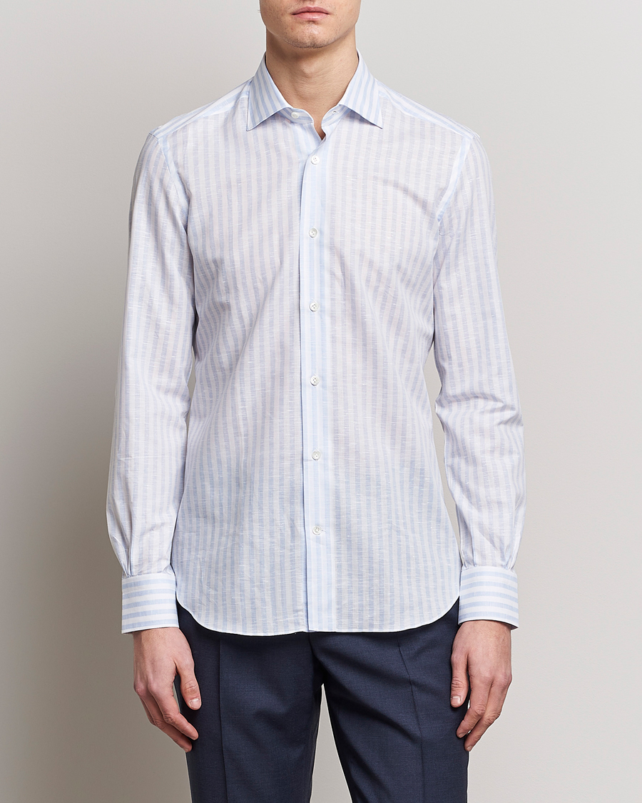 Hombres | Camisas | Mazzarelli | Soft Cotton/Linen Shirt Light Blue Stripe