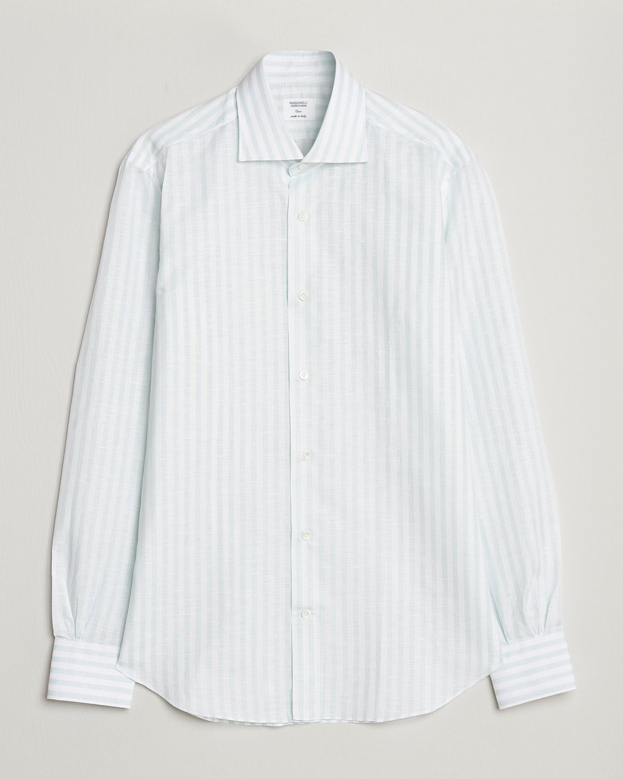 Hombres | Camisas | Mazzarelli | Soft Cotton/Linen Shirt Light Green Stripe