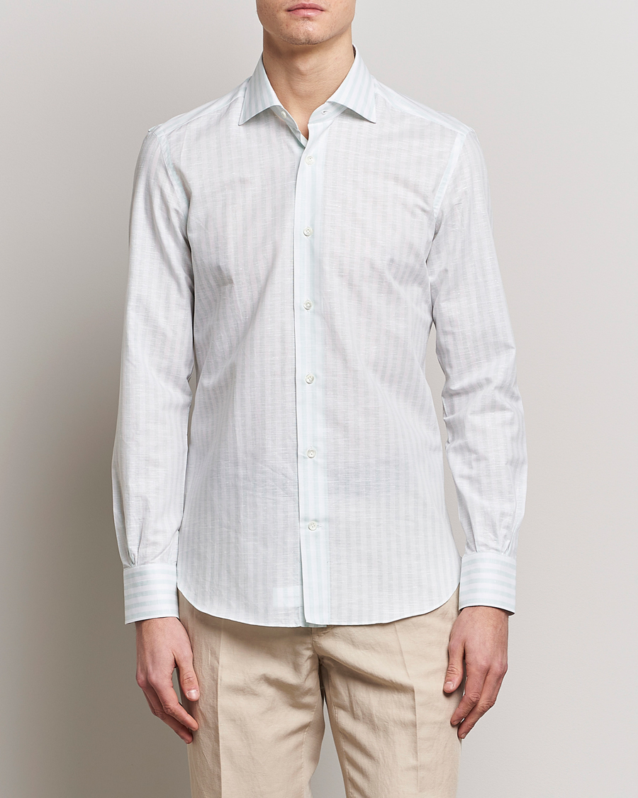 Hombres | Camisas | Mazzarelli | Soft Cotton/Linen Shirt Light Green Stripe