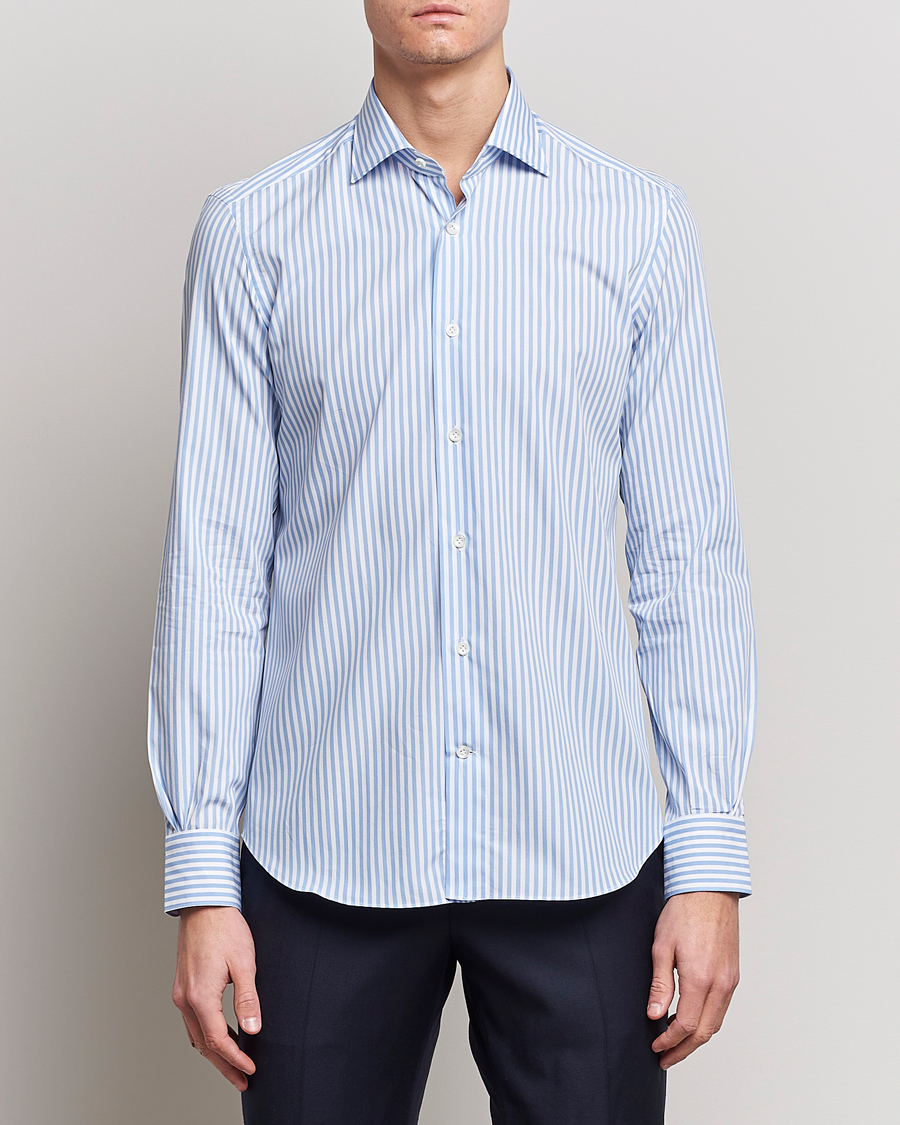 Hombres | Ropa | Mazzarelli | Soft Cotton Cut Away Shirt Blue Stripe